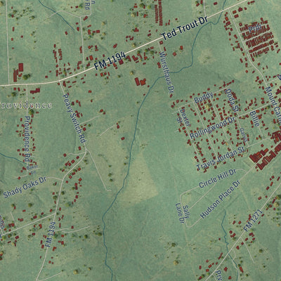 Close-up of the map of Hudson, Texas print showing street and building detail