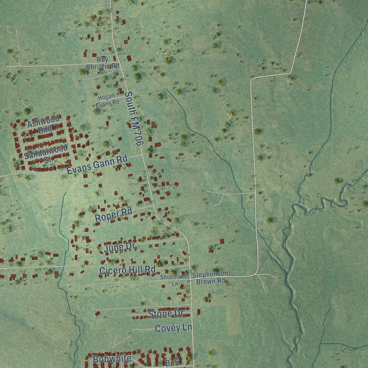 Second close-up of the map of Hudson, Texas print showing more streets and buildings
