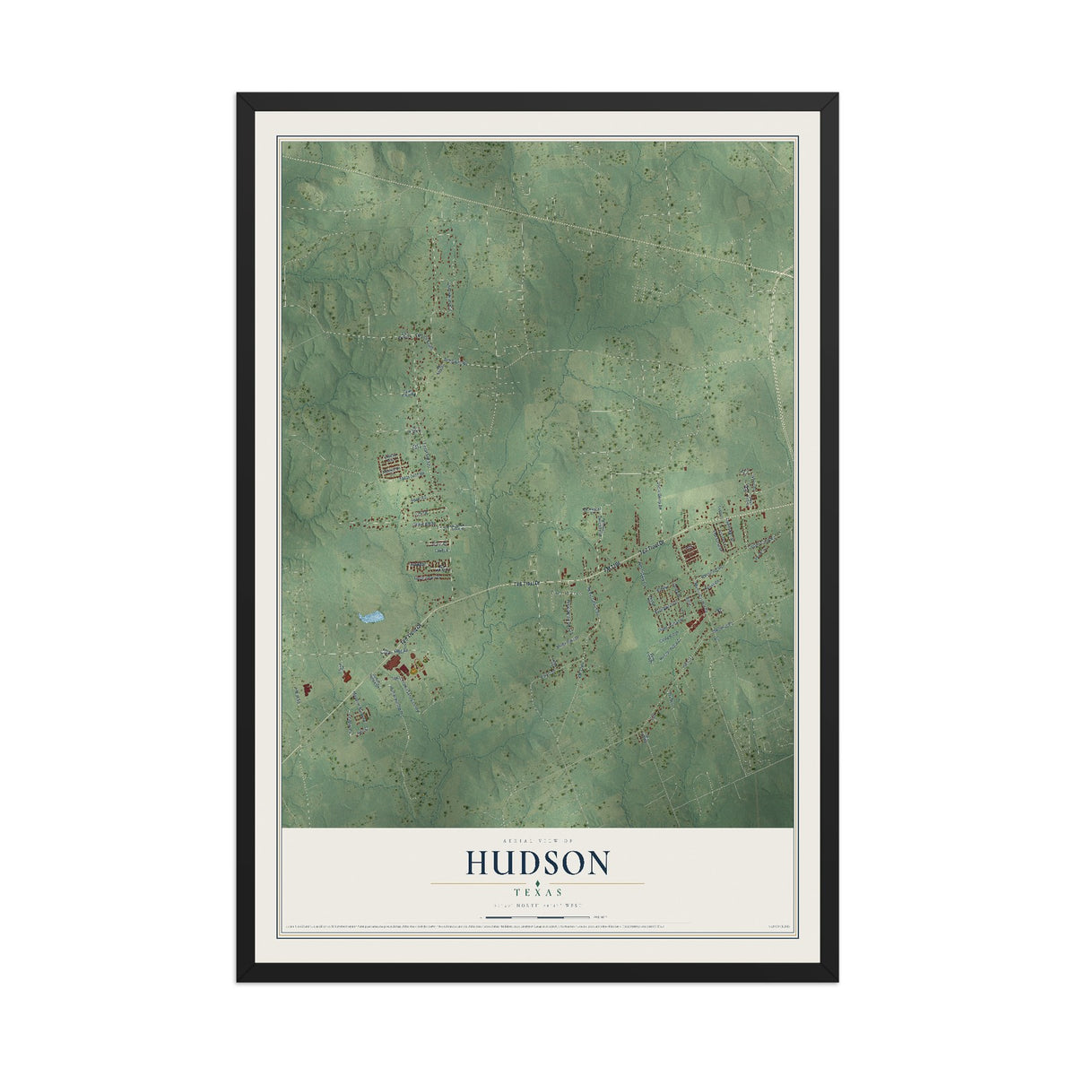 Map of Hudson, Texas, 12 x 18 inch print in a black wood frame