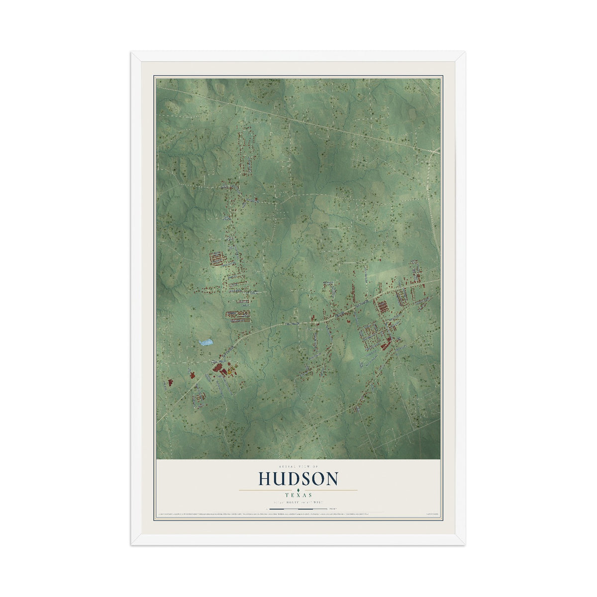 Map of Hudson, Texas, 12 x 18 inch print in a white wood frame