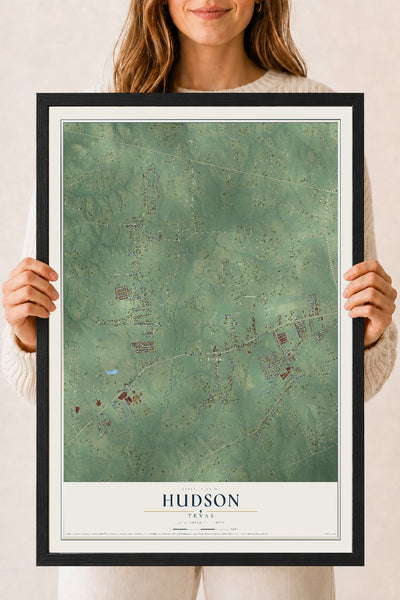 Map of Hudson, Texas, 18 x 24 inch print in a black wood frame