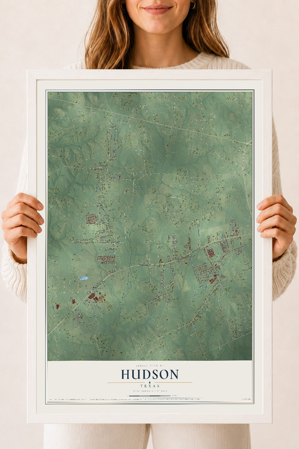 Map of Hudson, Texas, 18 x 24 inch print in a white wood frame