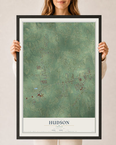 Map of Hudson, Texas, 24 x 36 inch print in a black wood frame