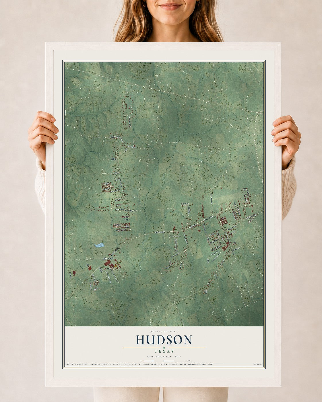 Map of Hudson, Texas, 24 x 36 inch print in a white wood frame