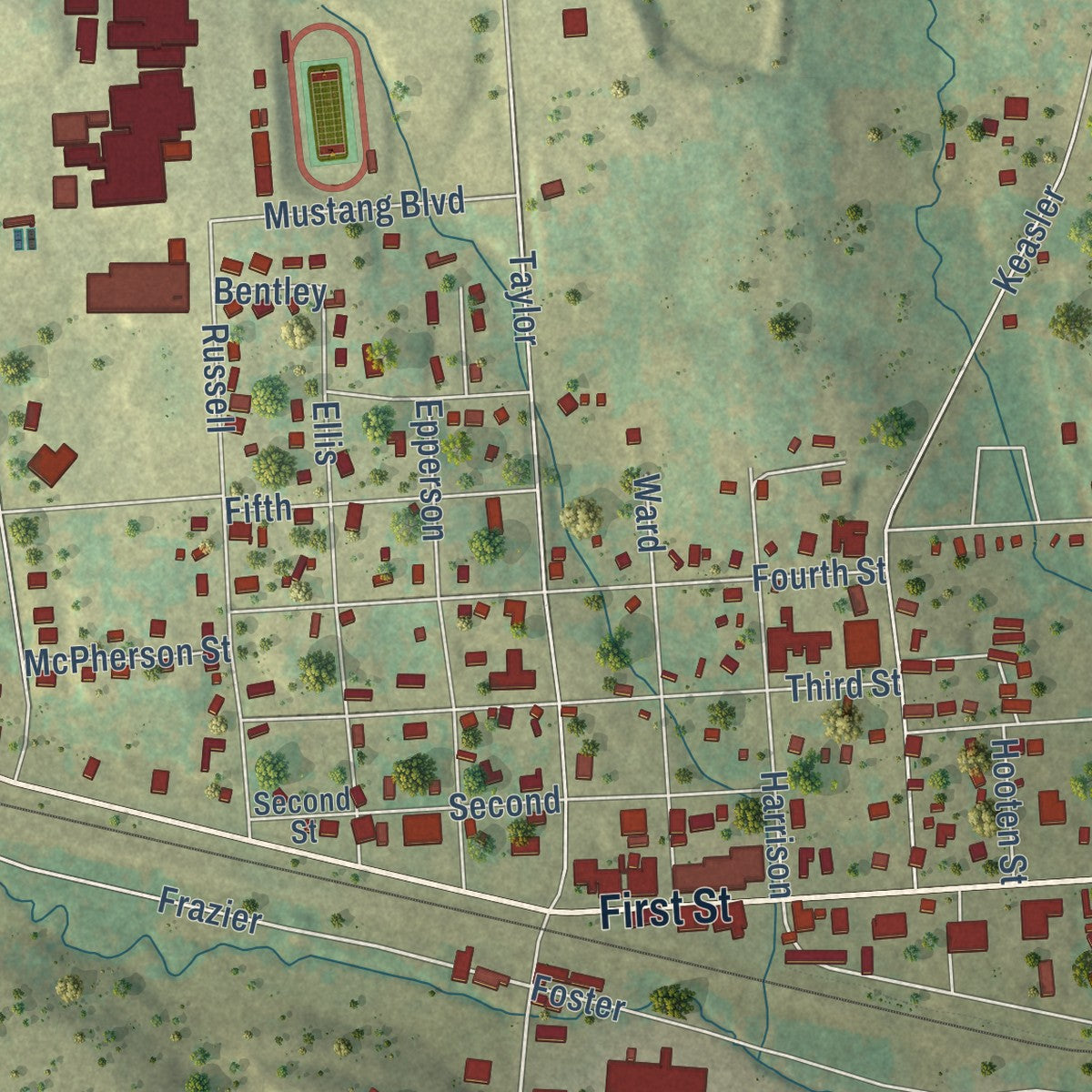 Close-up of the map of Hughes Springs, Texas print showing street and building detail
