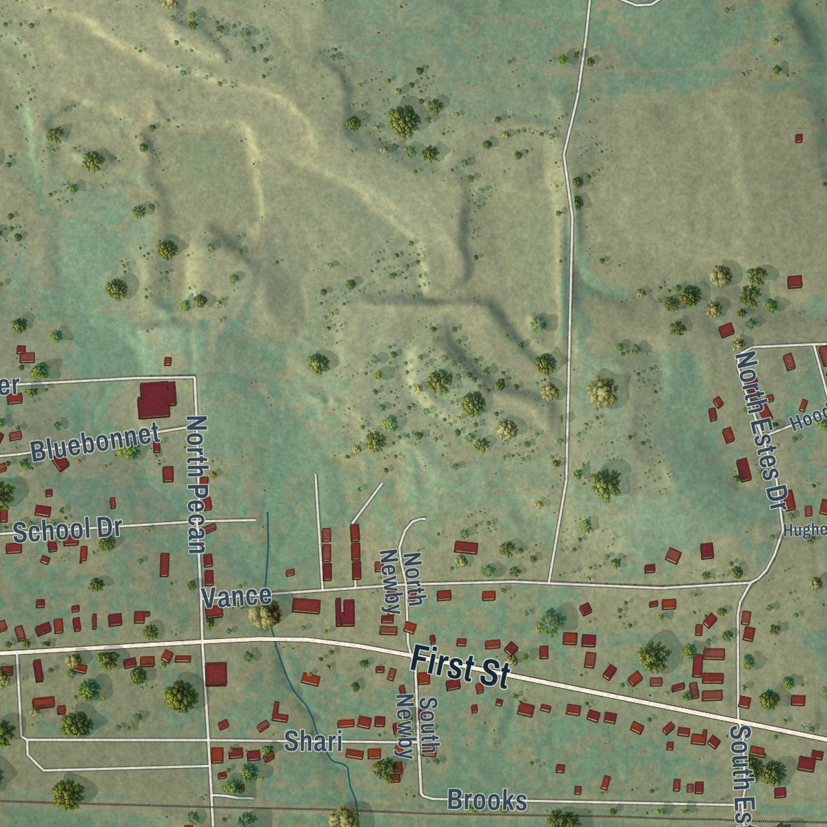 Second close-up of the map of Hughes Springs, Texas print showing more streets and buildings