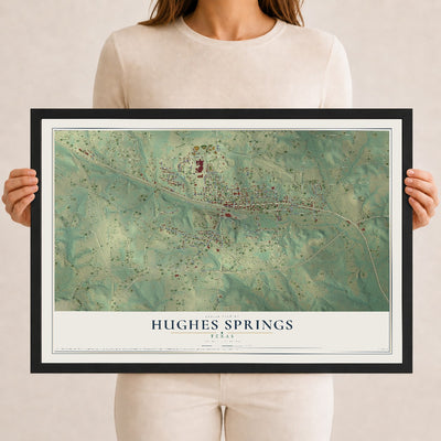 Map of Hughes Springs, Texas, 12 x 18 inch print in a black wood frame