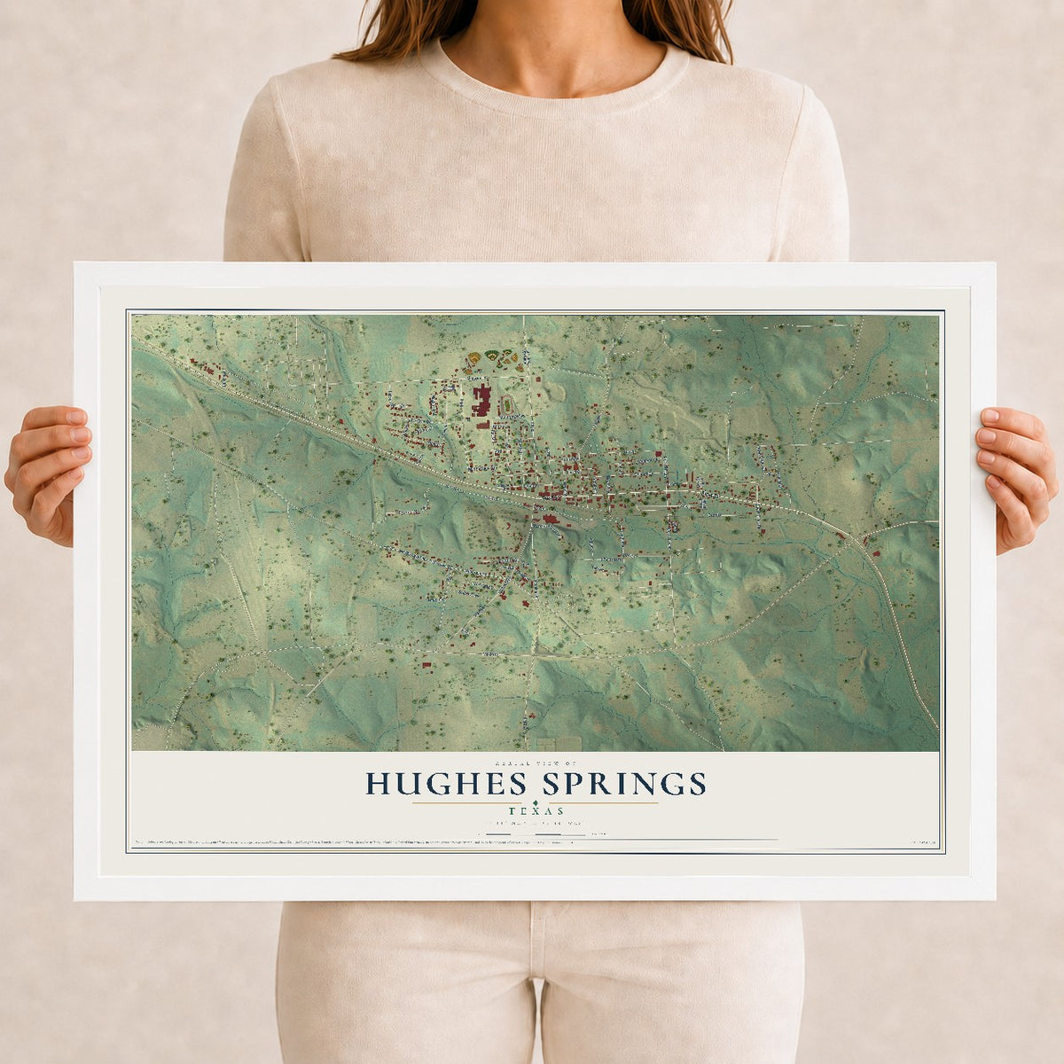 Map of Hughes Springs, Texas, 12 x 18 inch print in a white wood frame
