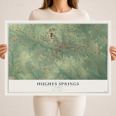 Map of Hughes Springs, Texas, 18 x 24 inch unframed archival matte print