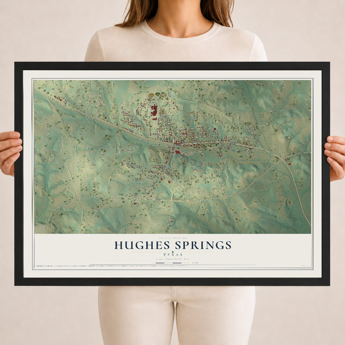 Map of Hughes Springs, Texas, 18 x 24 inch print in a black wood frame