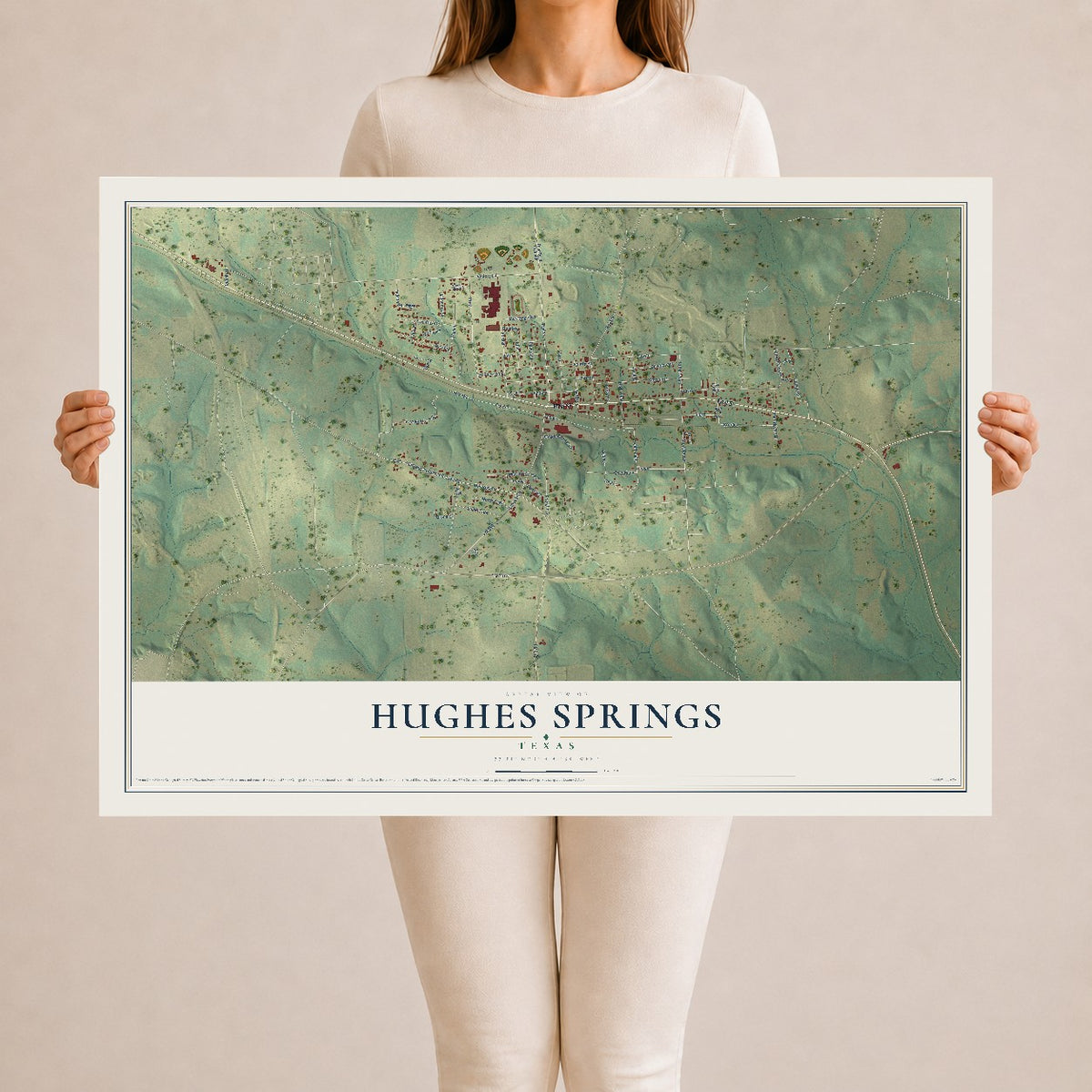 Map of Hughes Springs, Texas, 24 x 36 inch unframed archival matte print