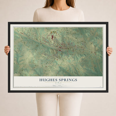 Map of Hughes Springs, Texas, 24 x 36 inch print in a black wood frame