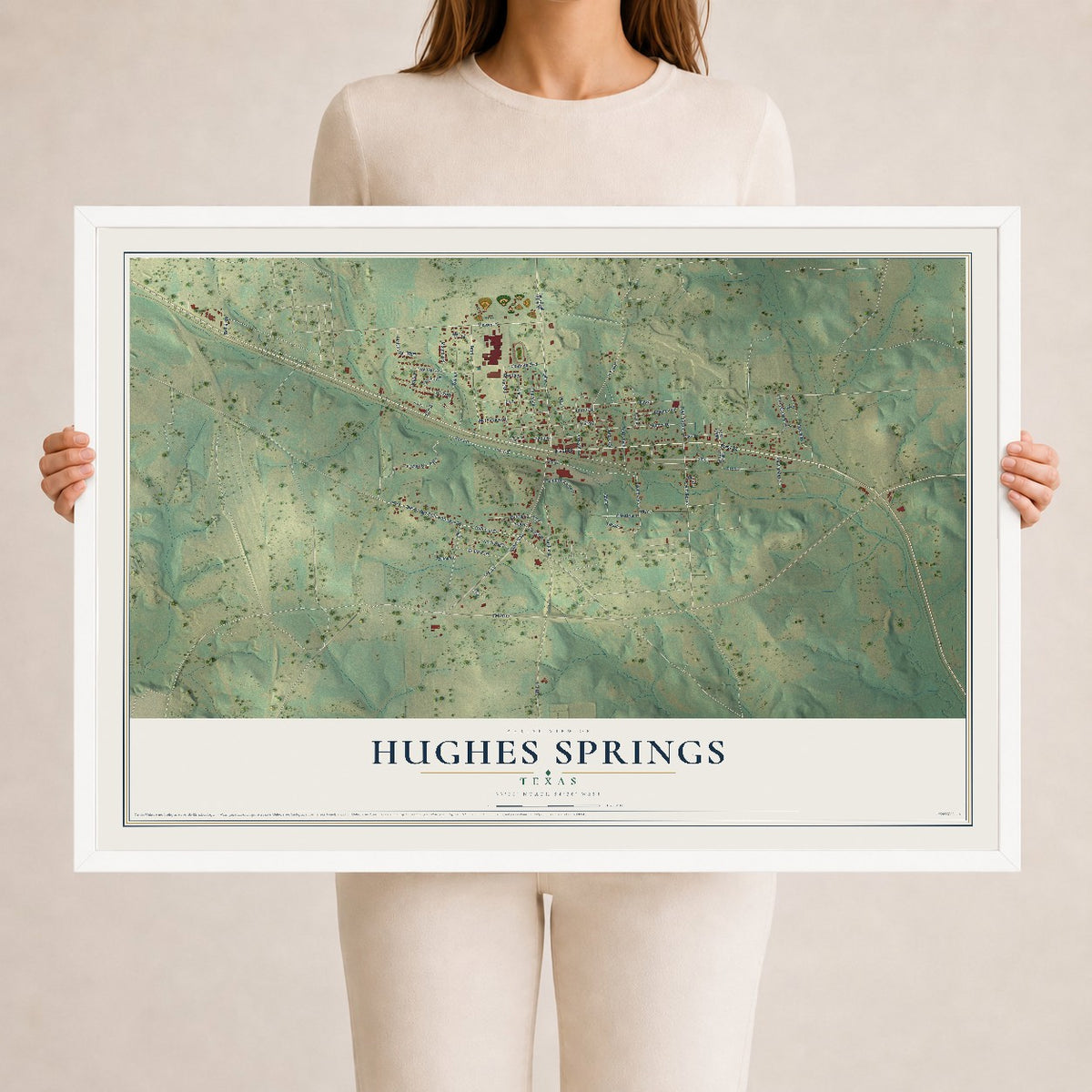 Map of Hughes Springs, Texas, 24 x 36 inch print in a white wood frame