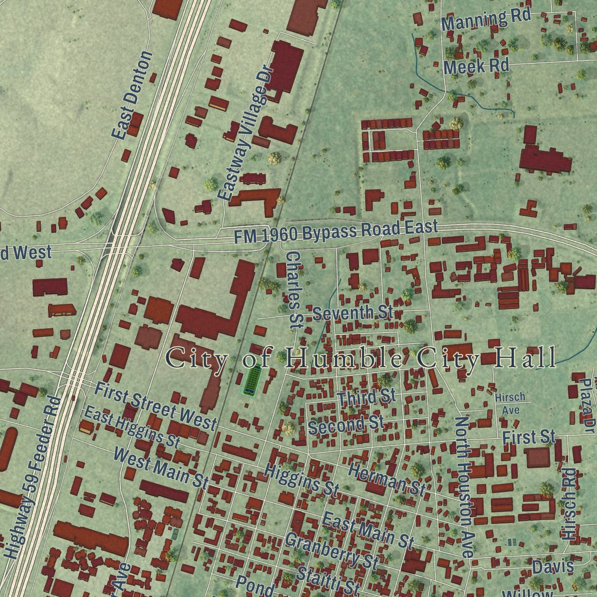 Close-up of the map of Humble, Texas print showing street and building detail