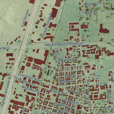 Close-up of the map of Humble, Texas print showing street and building detail