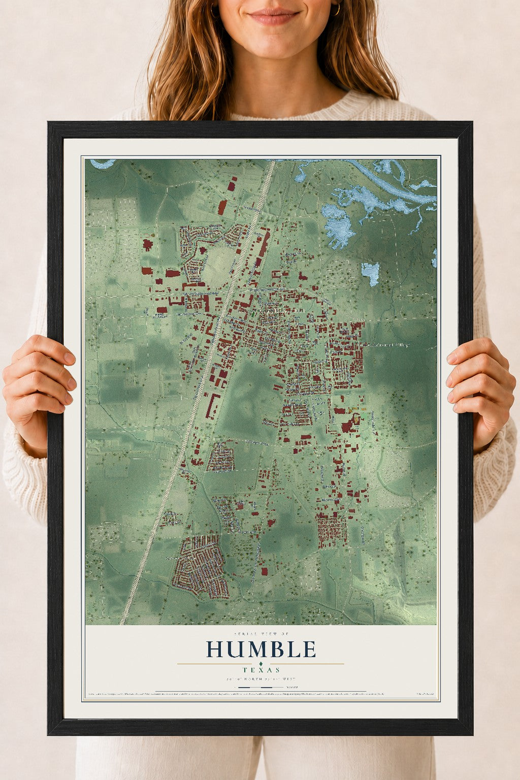 Map of Humble, Texas, 18 x 24 inch print in a black wood frame