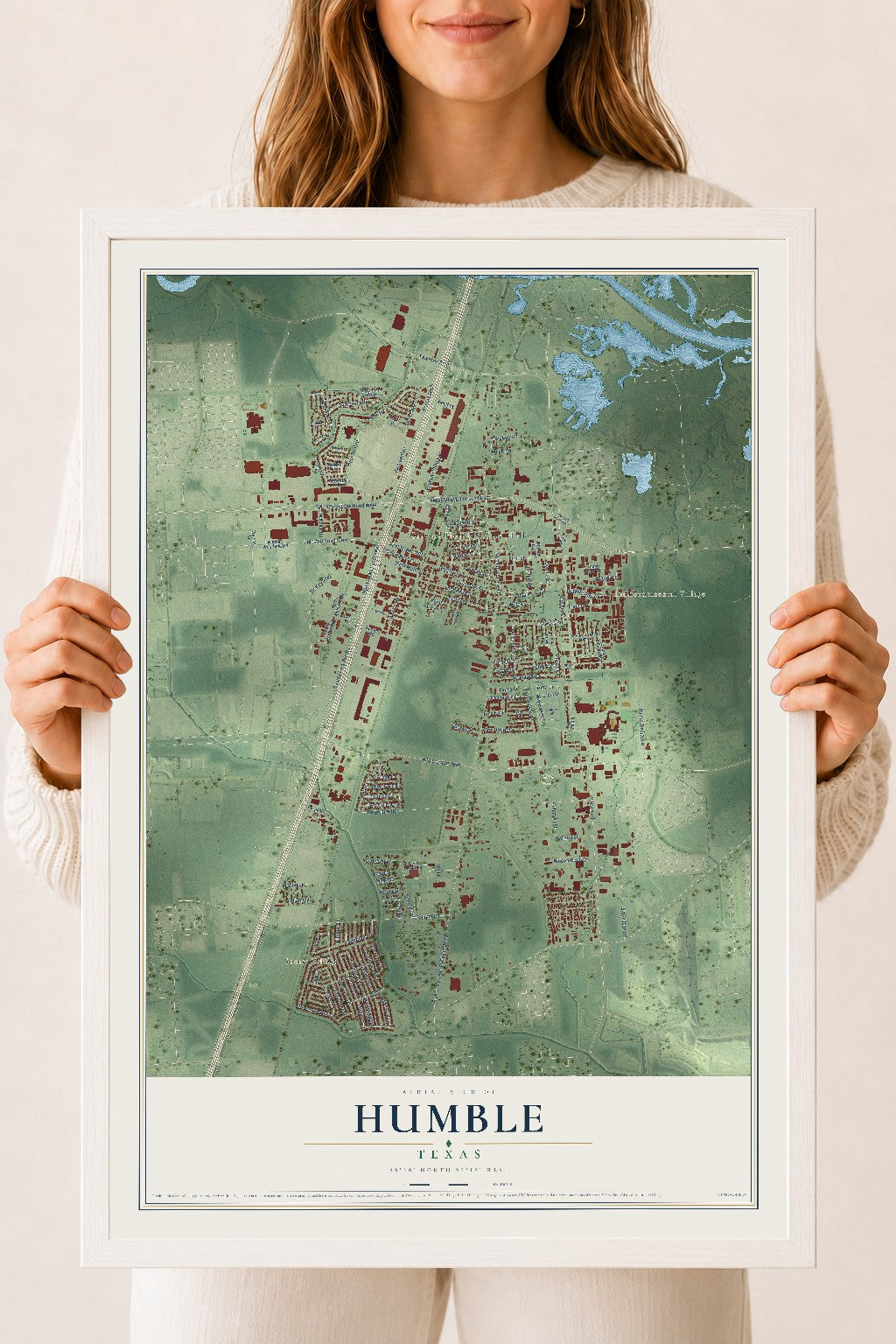 Map of Humble, Texas, 18 x 24 inch print in a white wood frame