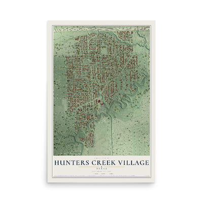 Map of Hunters Creek Village, Texas, 12 x 18 inch unframed archival matte print