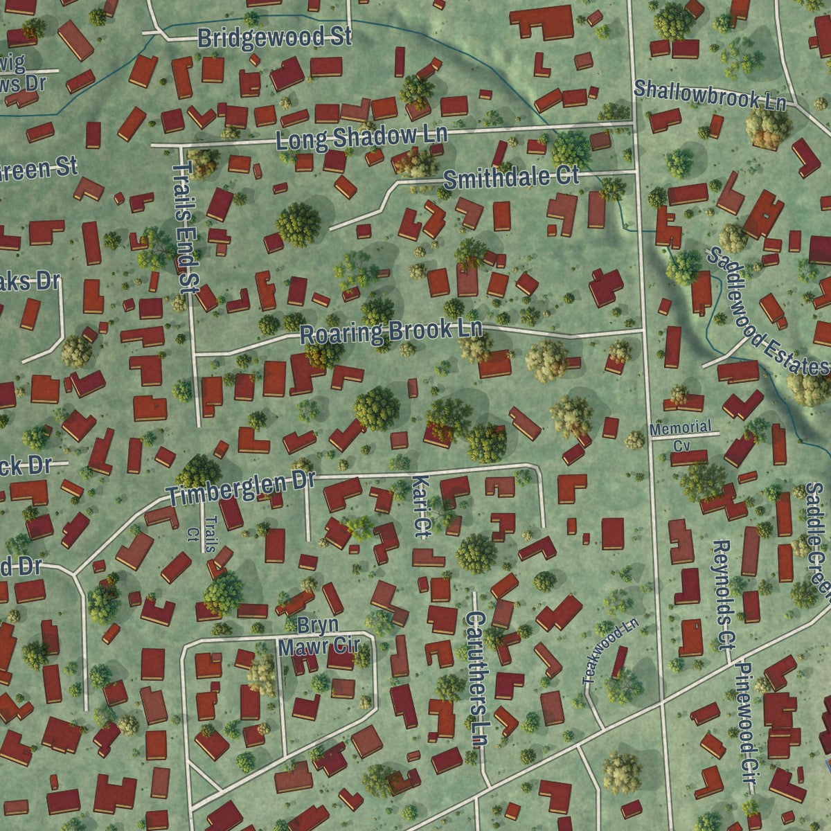 Close-up of the map of Hunters Creek Village, Texas print showing street and building detail