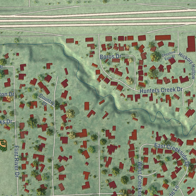 Second close-up of the map of Hunters Creek Village, Texas print showing more streets and buildings