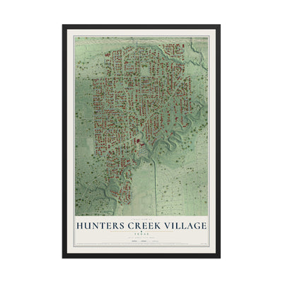 Map of Hunters Creek Village, Texas, 12 x 18 inch print in a black wood frame