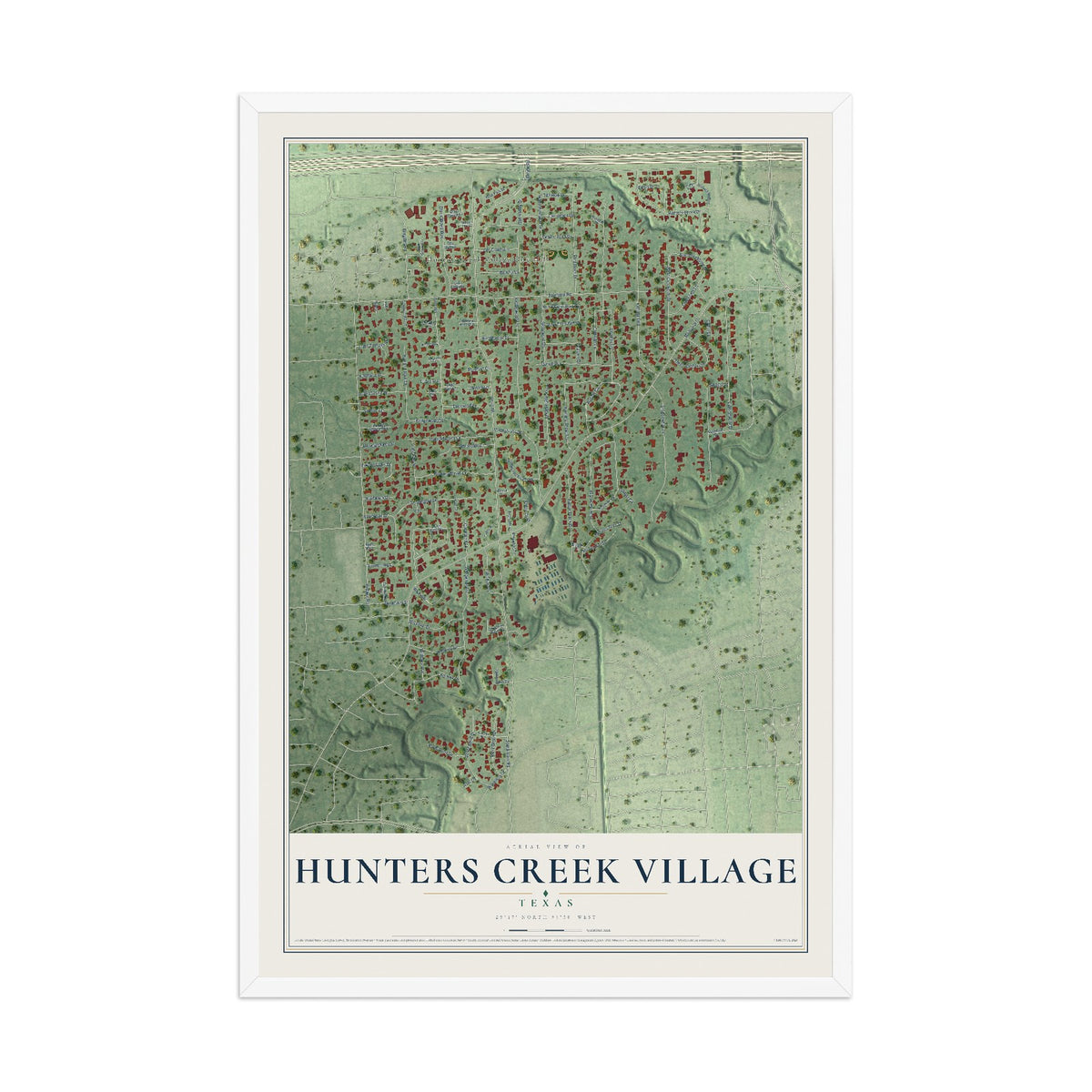 Map of Hunters Creek Village, Texas, 12 x 18 inch print in a white wood frame