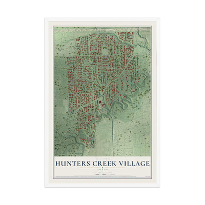 Map of Hunters Creek Village, Texas, 12 x 18 inch print in a white wood frame