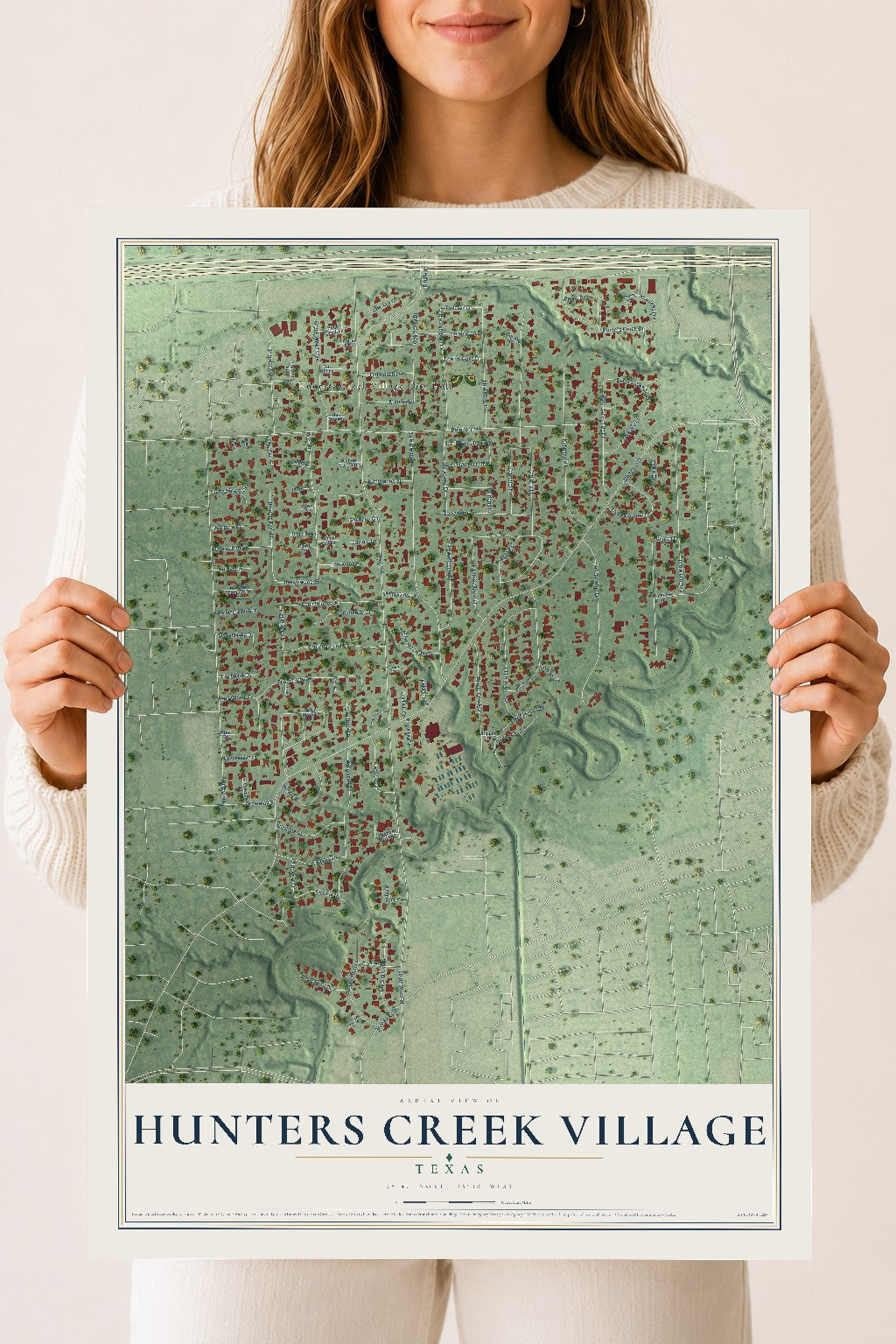 Map of Hunters Creek Village, Texas, 18 x 24 inch unframed archival matte print