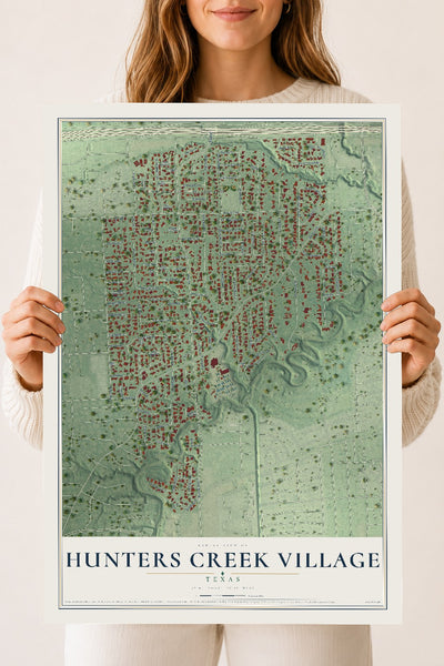 Map of Hunters Creek Village, Texas, 18 x 24 inch unframed archival matte print