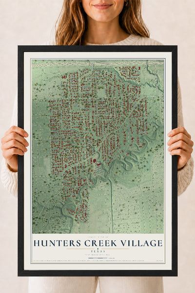 Map of Hunters Creek Village, Texas, 18 x 24 inch print in a black wood frame