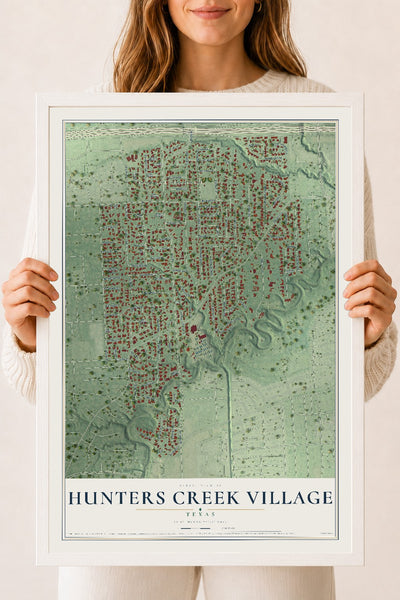 Map of Hunters Creek Village, Texas, 18 x 24 inch print in a white wood frame