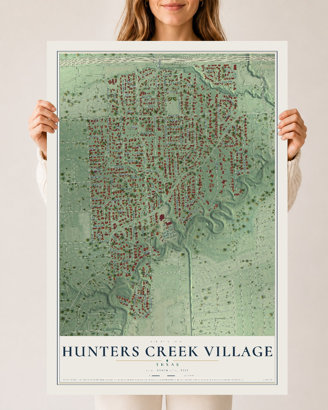 Map of Hunters Creek Village, Texas, 24 x 36 inch unframed archival matte print