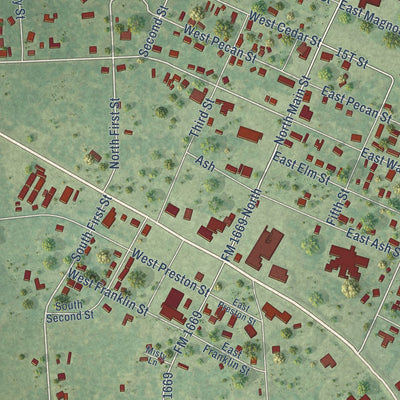 Close-up of the map of Huntington, Texas print showing street and building detail