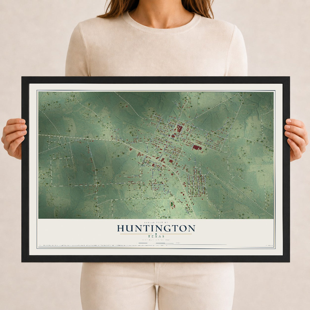 Map of Huntington, Texas, 12 x 18 inch print in a black wood frame
