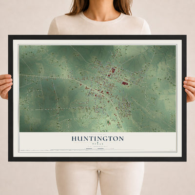 Map of Huntington, Texas, 18 x 24 inch print in a black wood frame