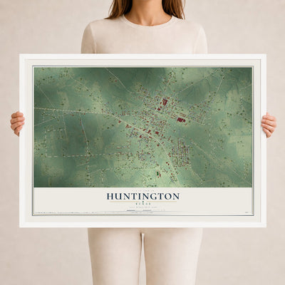 Map of Huntington, Texas, 24 x 36 inch print in a white wood frame