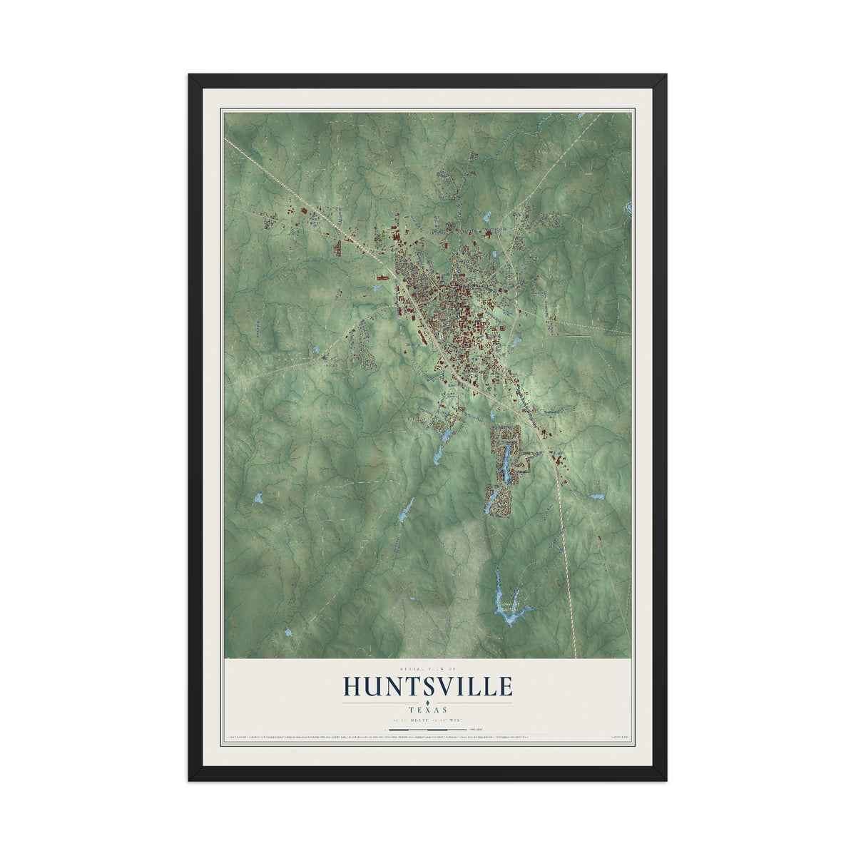 Map of Huntsville, Texas, 12 x 18 inch print in a black wood frame