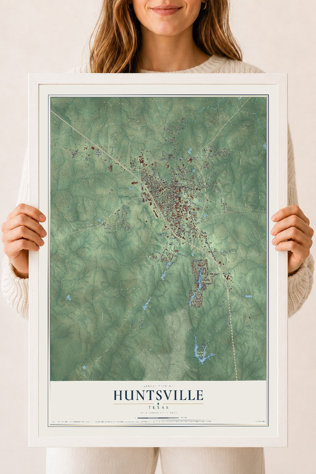 Map of Huntsville, Texas, 18 x 24 inch print in a white wood frame