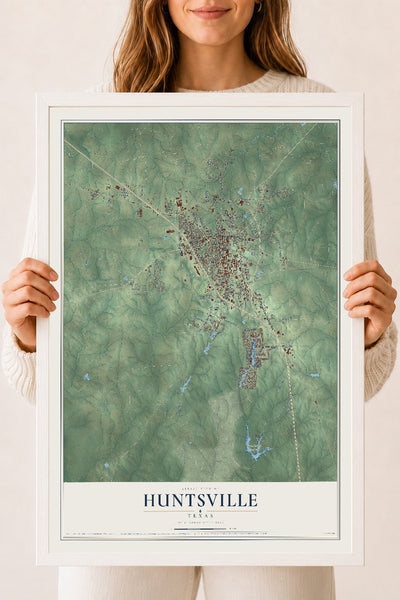 Map of Huntsville, Texas, 18 x 24 inch print in a white wood frame
