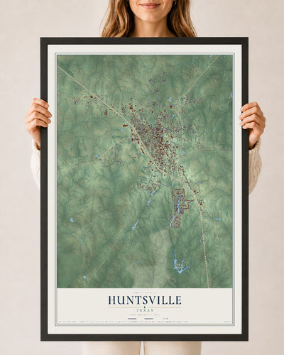 Map of Huntsville, Texas, 24 x 36 inch print in a black wood frame