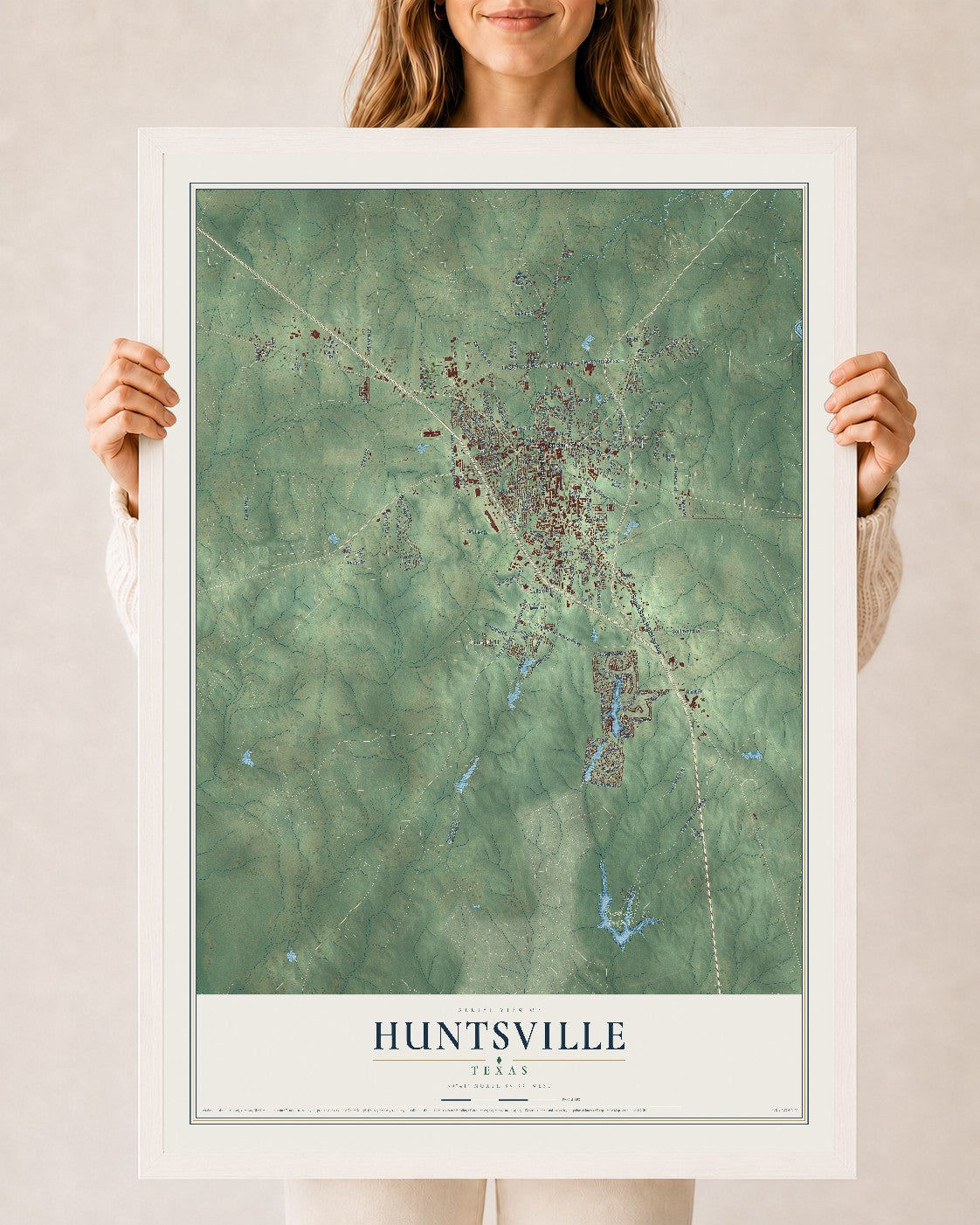 Map of Huntsville, Texas, 24 x 36 inch print in a white wood frame