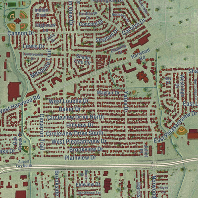 Close-up of the map of Hurst, Texas print showing street and building detail