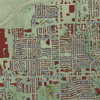 Second close-up of the map of Hurst, Texas print showing more streets and buildings