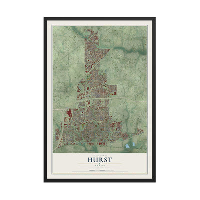 Map of Hurst, Texas, 12 x 18 inch print in a black wood frame