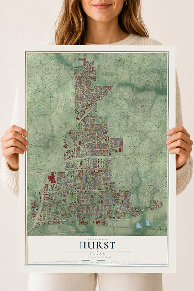 Map of Hurst, Texas, 18 x 24 inch unframed archival matte print