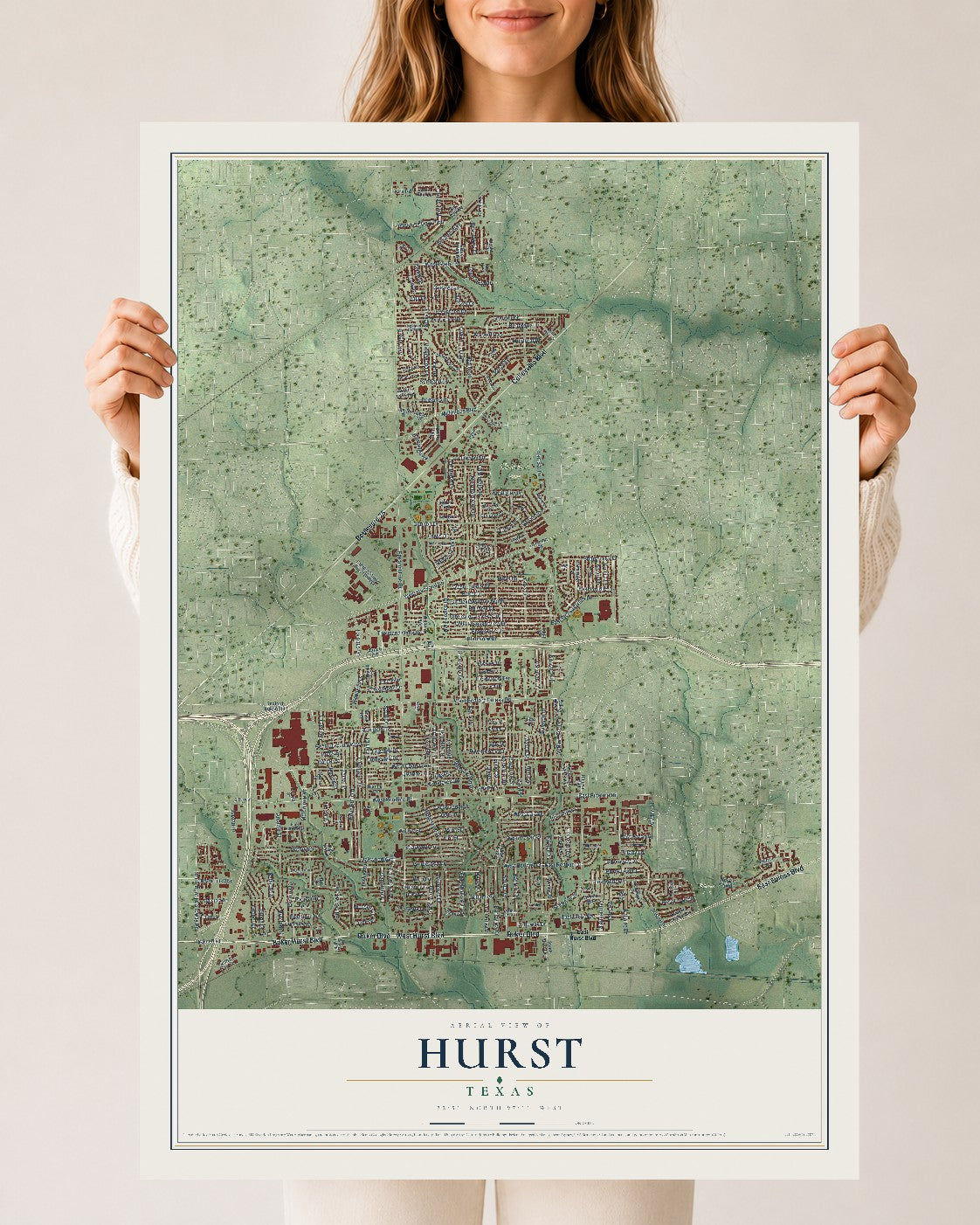 Map of Hurst, Texas, 24 x 36 inch unframed archival matte print
