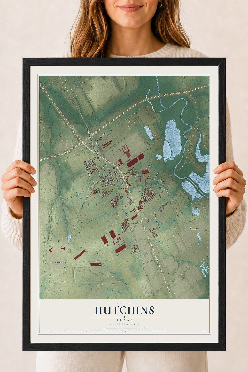 Map of Hutchins, Texas, 18 x 24 inch print in a black wood frame