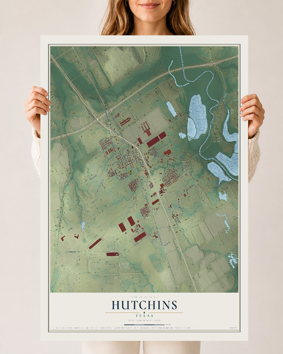 Map of Hutchins, Texas, 24 x 36 inch unframed archival matte print