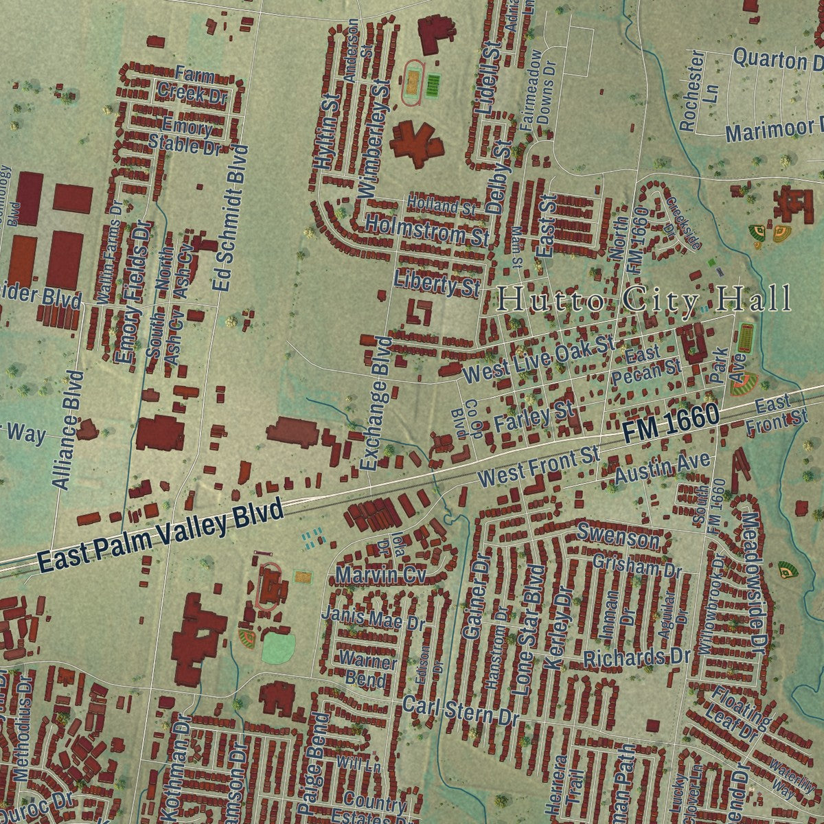 Close-up of the map of Hutto, Texas print showing street and building detail