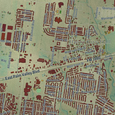 Close-up of the map of Hutto, Texas print showing street and building detail